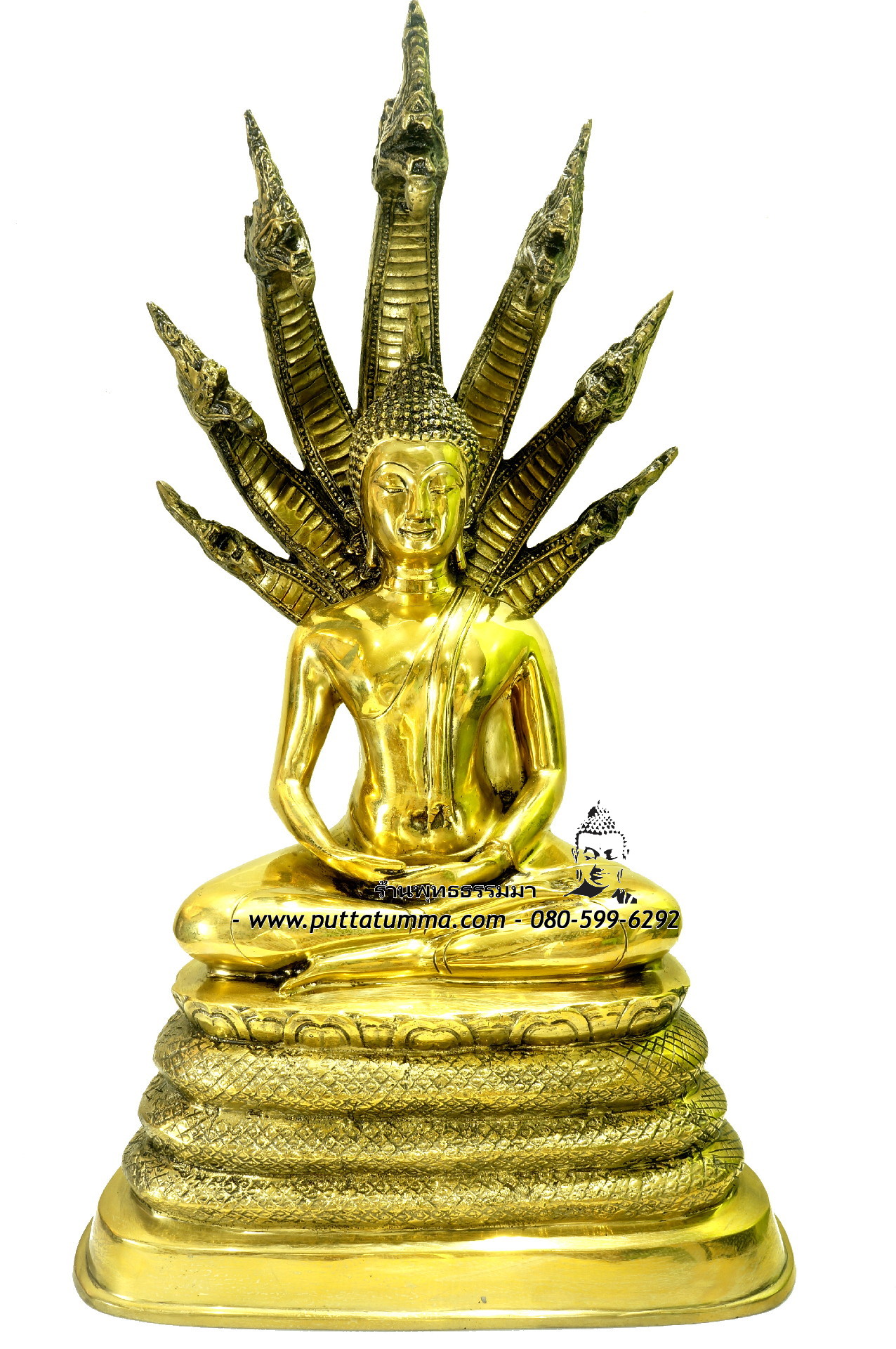 พระพุทธรูปปางสมธิ นาคปรก เนื้อโลหะ ขัดเงารมดำ หน้าตัก 9 นิ้ว สูง 23 นิ้ว