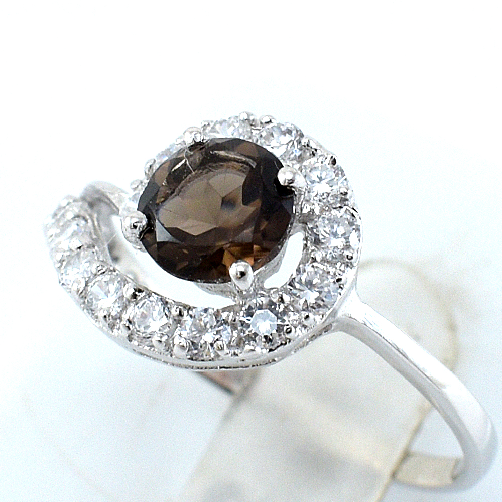 แหวนเงินแท้ราคาถูกชุบทองคำขาว พลอยแท้สโมกกี้ควอทซ์ 0.77 กะรัต เพชรCZ 0.48 กะรัต งานประณีตสวยงาม สั่งผลิตค่ะ