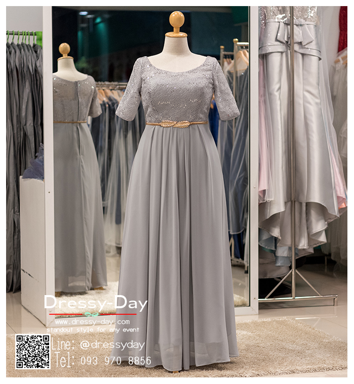 รหัส ชุดราตรีคนอ้วน :PFL018 ชุดแม่เจ้าสาว ชุดแม่เจ้าบ่าว ชุดราตรียาวคนอ้วน ผ้าลูกไม้เรียบหรู งานปักมือ สีเทา กระโปรงผ้าไหมเล่นดีเทลระบายชายช่วงเอว เหมาะสำหรับงานแต่งงาน งานกลางคืน กาล่าดินเนอร์ มีแขน