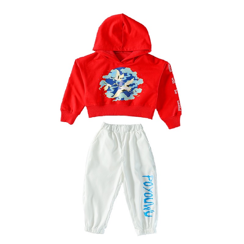 พร้อมส่ง ชุดเต้น Dance เสื้อแขนยาวสีแดง+กางเกงขาว