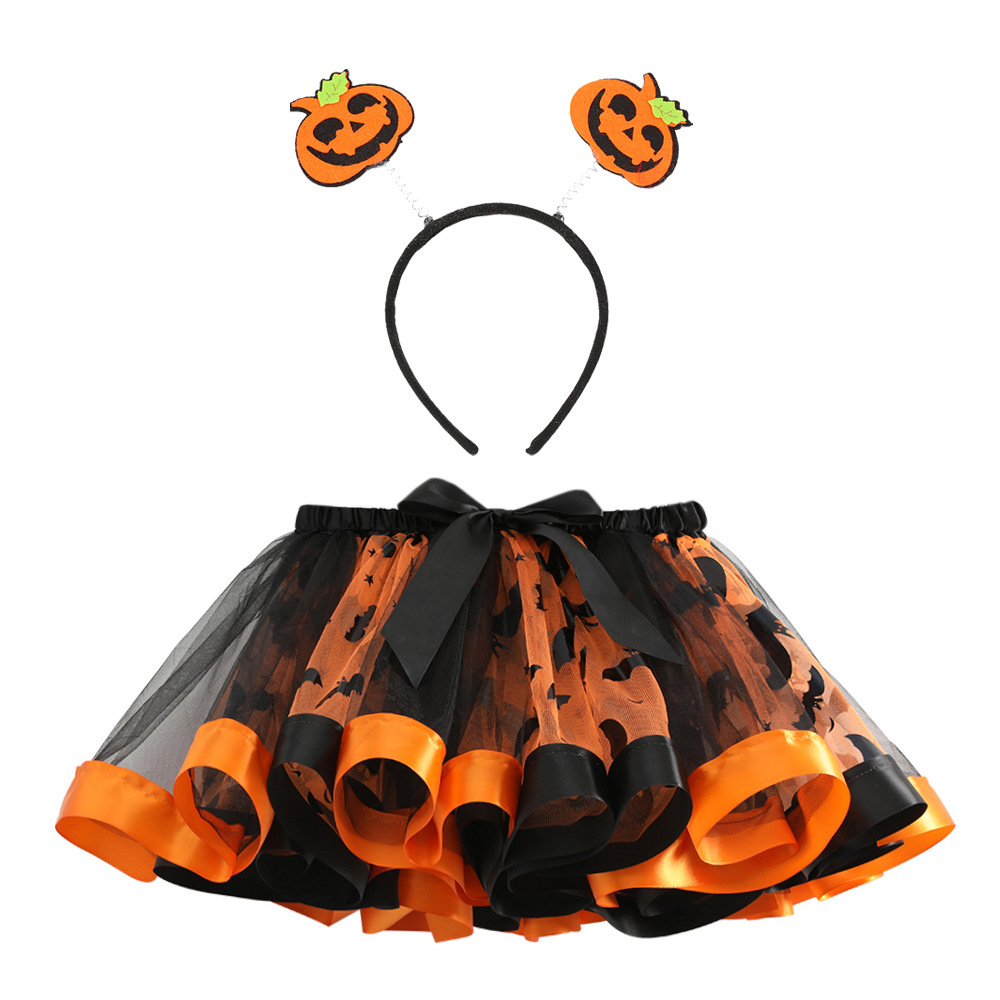 friendly4kid พร้อมส่ง ฮาโลวีน เสื้อยืดดำ / กระโปรงระบายแต่งโบว์เอว พร้อมที่คาดผม