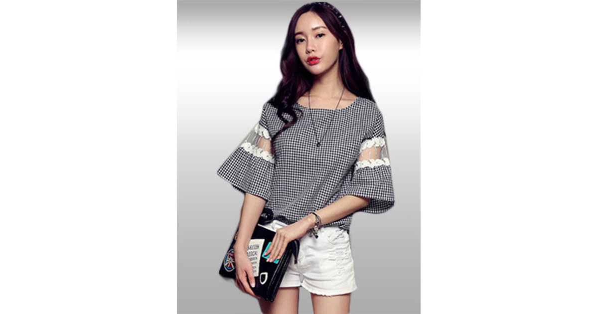 เสื้อลายสก๊อตต่อแขนผ้าตาข่ายลายลูกไม้ รหัส1606