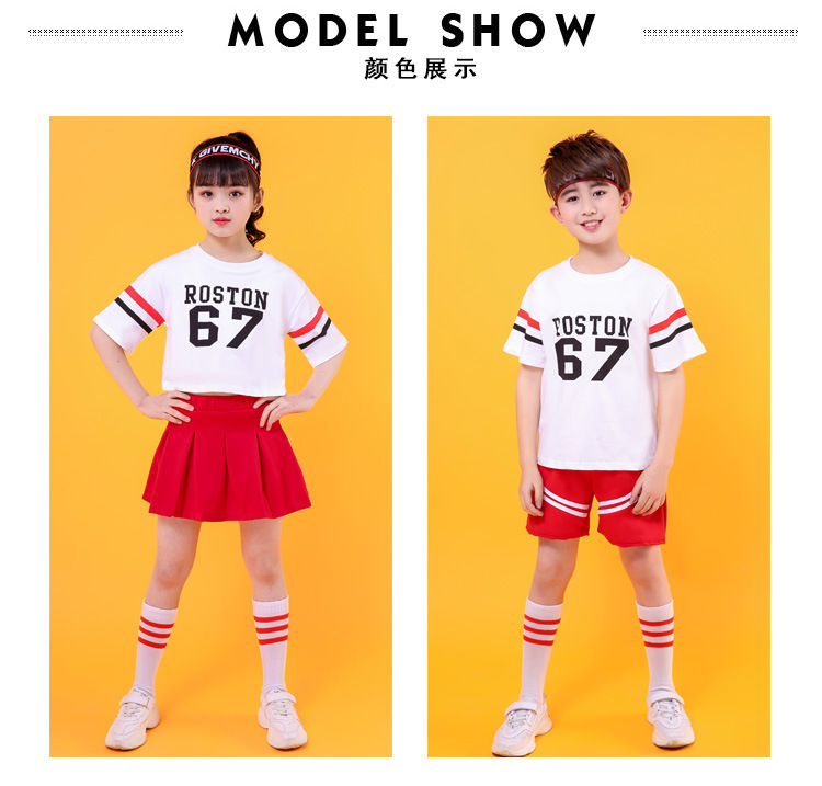 ชุดเต้น ชุดแดนซ์ เสื้อสีขาวลาย 67 +กระโปรงแดง/กางเกงแดง