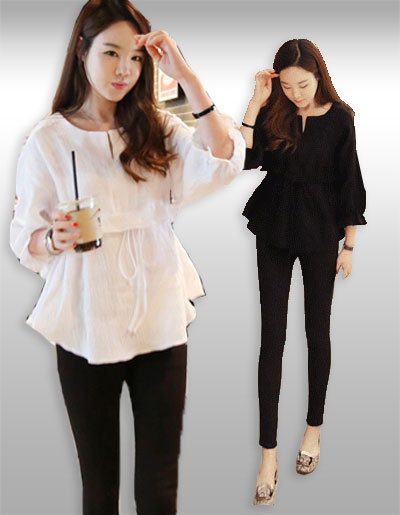 เสื้อแฟชั่นแต่งสายรูดใต้อก เสื้อแฟชั่นแบบสวมใส่สบายๆ มี 2 สี รหัส 1977