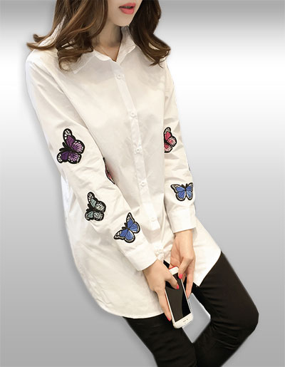 เสื้อแฟชั่นสีขาวคอปกปักผีเสื้อแบบสวยหวาน รหัส2010