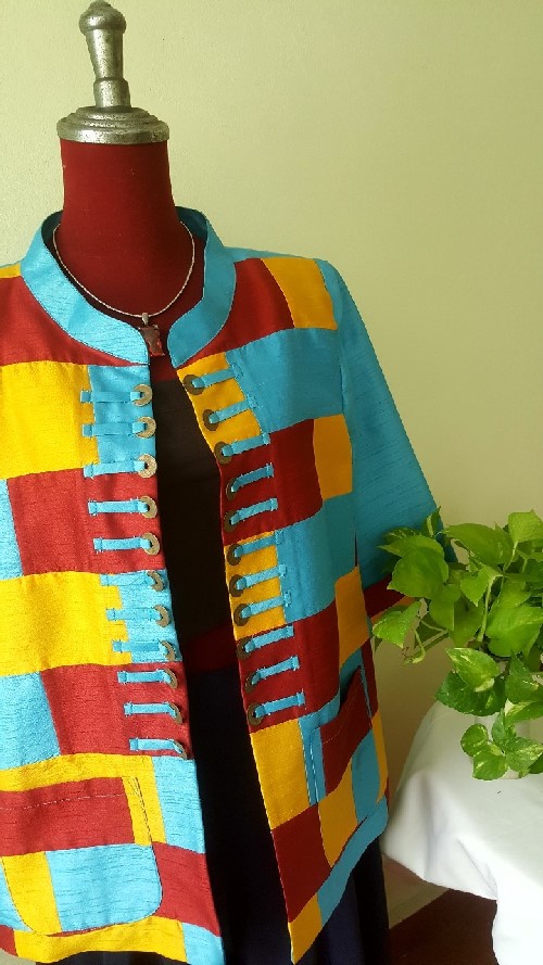 SIVA เสื้อคลุ้มผ้าไหมไทยตกแต่งวัสดุเหลือใช้ SIVA (ส่งฟรี) ดำ,น้ำตาล,ชมภู่,ฟ้า,แดงเลือดหมู M,L,XL,XXL