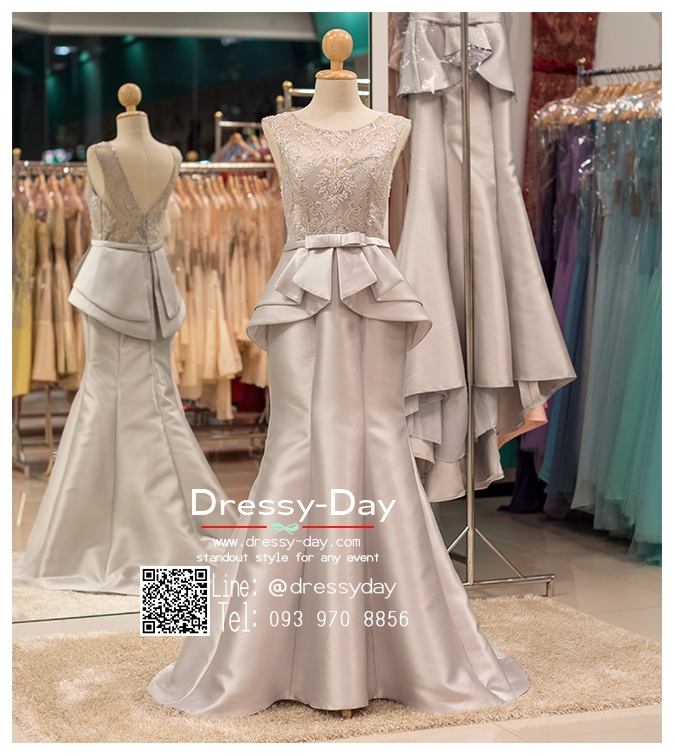 รหัส ชุดราตรี :PF050 ชุดแซก ชุดราตรียาวตกแต่งกริตเตอร์สวยหรู สีเทา ผ้าไหม ชุดไปงานแต่งงานกลางคืน ชุดเดรสออกงานกาล่าดินเนอร์