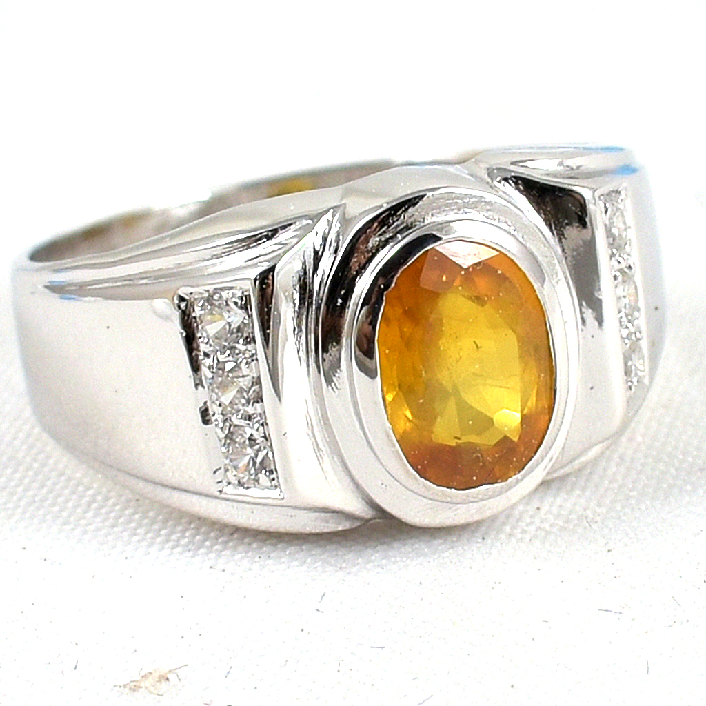 แหวนเงินแท้ราคาถูกชุบทองคำขาว บุษราคัมแท้ 1.55 กะรัต เพชรCZ 0.15 กะรัต งานประณีตสวยงาม สั่งผลิตค่ะ