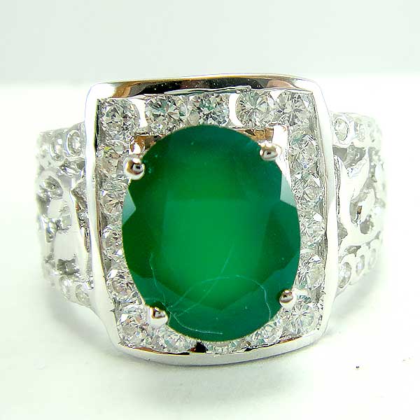 แหวนเงินแท้ราคาถูกชุบทองคำขาว พลอยแท้กรีนอะเกท 3.55 กะรัต เพชรCZ 0.78 กะรัต งานประณีตสวยงาม สั่งผลิตค่ะ