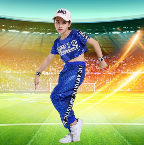 พร้อมส่ง ชุดเต้น ฮิปฮอปปักเลื่อมเสื้อแขนสั้น+ ขายาว