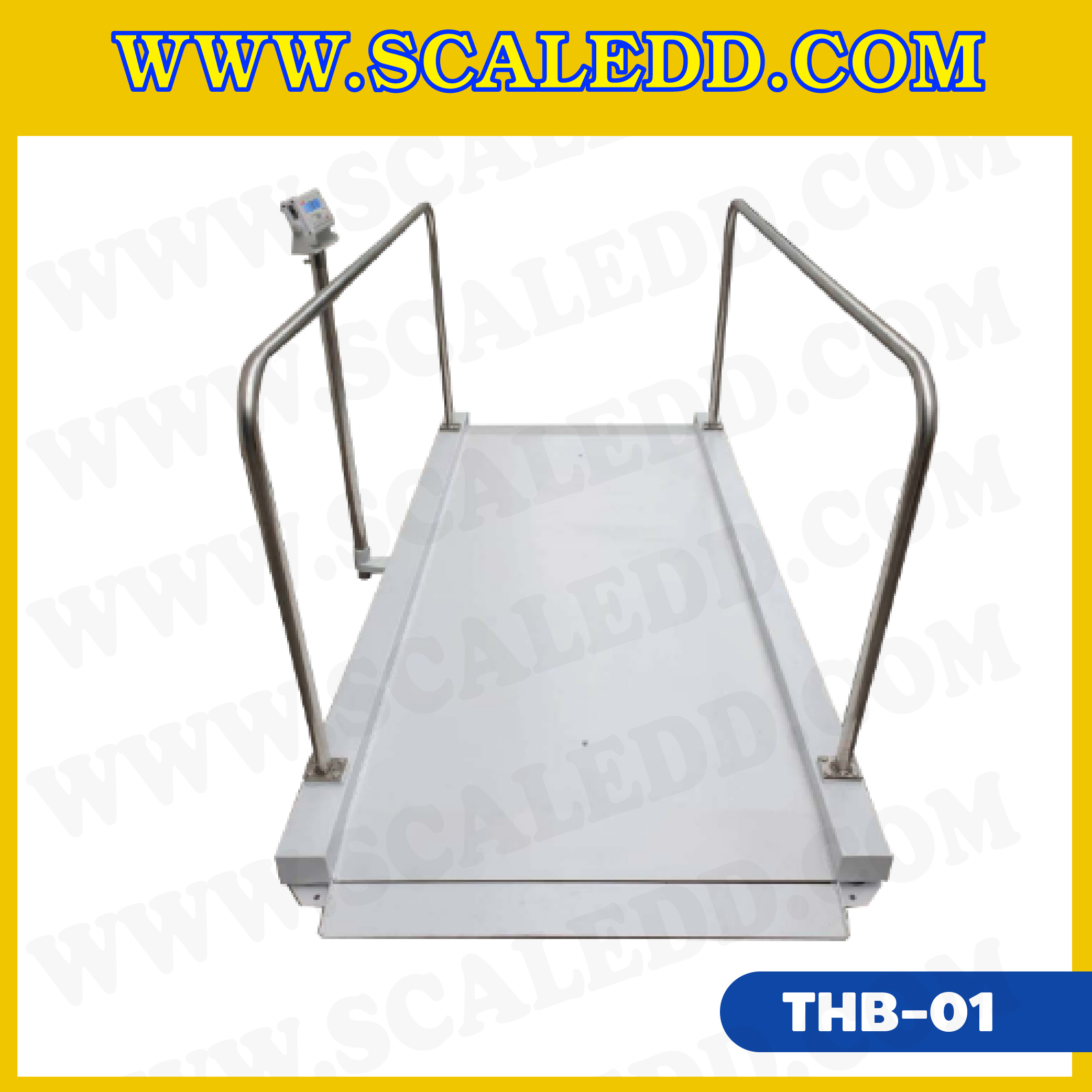 เครื่องชั่งน้ำหนักผู้ป่วย ใช้ชั่งรถวีลแชร์ผู้ป่วย ขนาดแท่นชั่ง 100x200 cm. พร้อมราวกันตกและทางขึ้น-ลง ทั้งซ้าย-ขวา พิกัด 300 กิโลกรัม ค่าละเอียด 100 กรัม มาพร้อมฟังก์ชั่น BMI