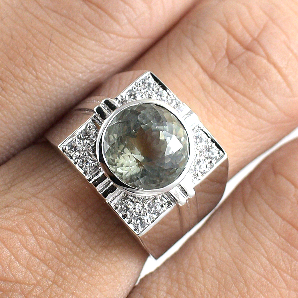 แหวนเงินแท้ราคาถูกชุบทองคำขาว กรีนแอมิทิสต์แท้ 3.16 กะรัต เพชรCZ 0.18 กะรัต งานประณีตสวยงาม สั่งผลิตค่ะ