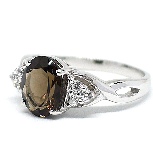 แหวนเงินแท้ราคาถูกชุบทองคำขาว พลอยแท้สโมกกี้ควอทซ์ 1.70 กะรัต เพชรCZ 0.15 กะรัต งานประณีตสวยงาม สั่งผลิตค่ะ