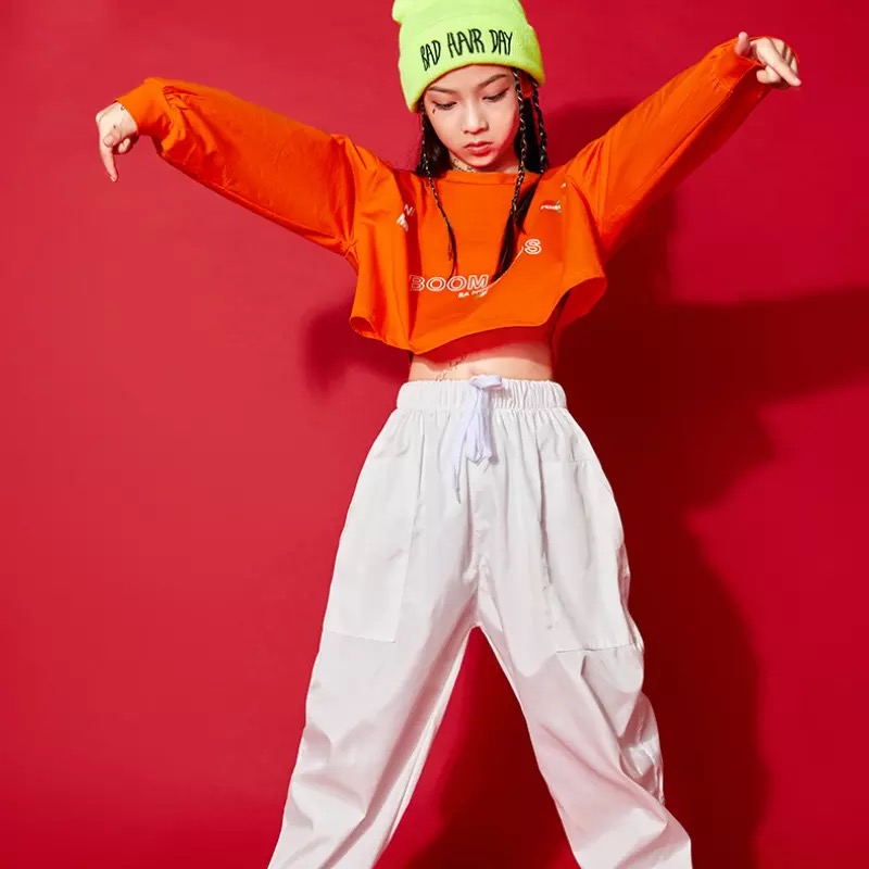 ชุดเต้น แดนซ์ เสื้อส้ม+กางเกงสีขาว