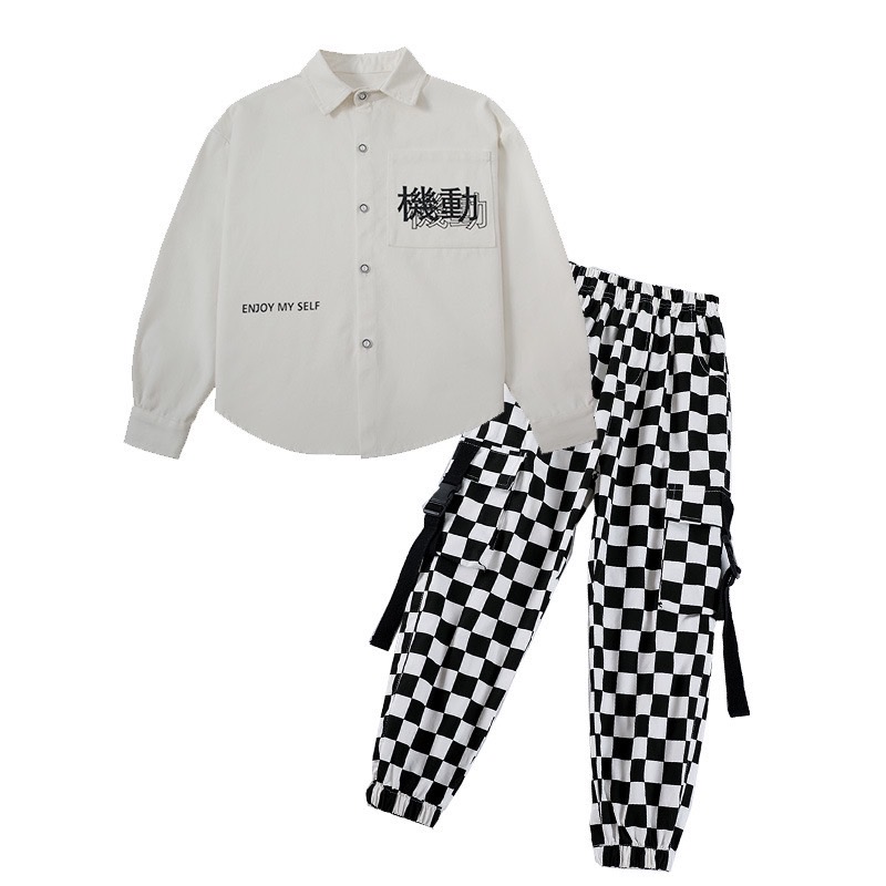 ชุดเต้น ฮิปฮอป เส้ื้อแขนยาว+กางเกงตารางขาวดำ