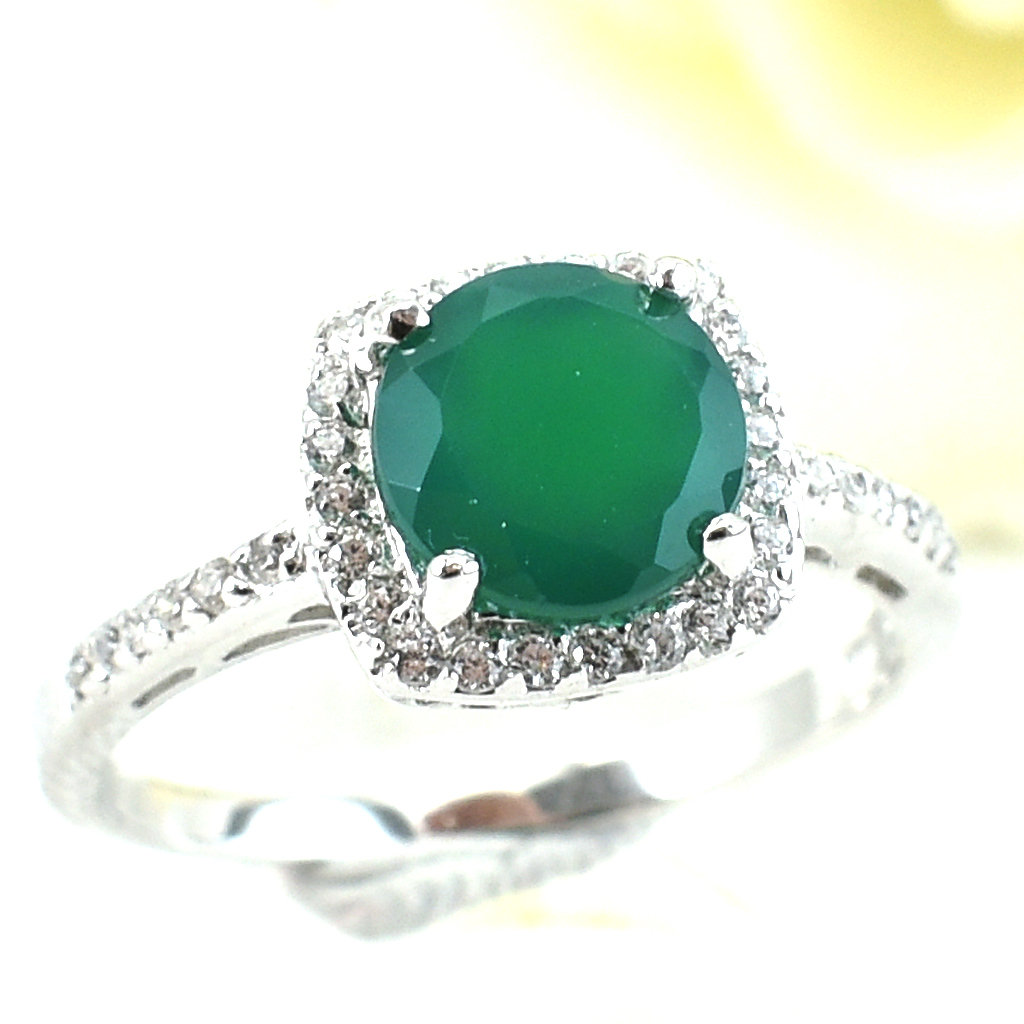 แหวนเงินแท้ราคาถูกชุบทองคำขาว พลอยแท้กรีนอะเกท 1.20 กะรัต เพชรCZ 0.252 กะรัต งานประณีตสวยงาม สั่งผลิตค่ะ