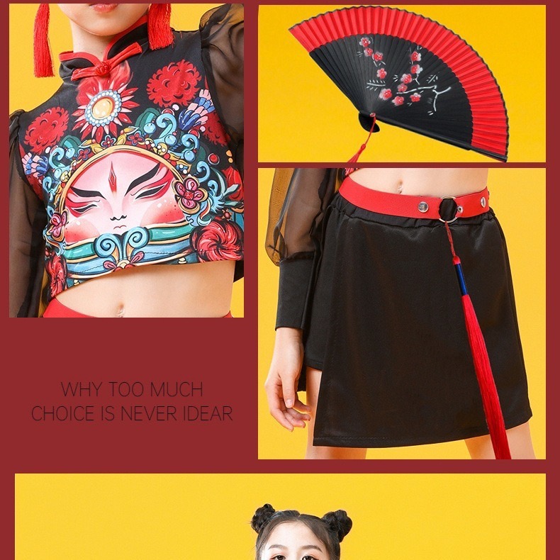 ชุดตรุษจีน เดรสกี่เพ้าแขนกุดลายการตูนด้านหน้าแต่งกระโปรงพลิ้วด้านหลัง+ปอกแขน