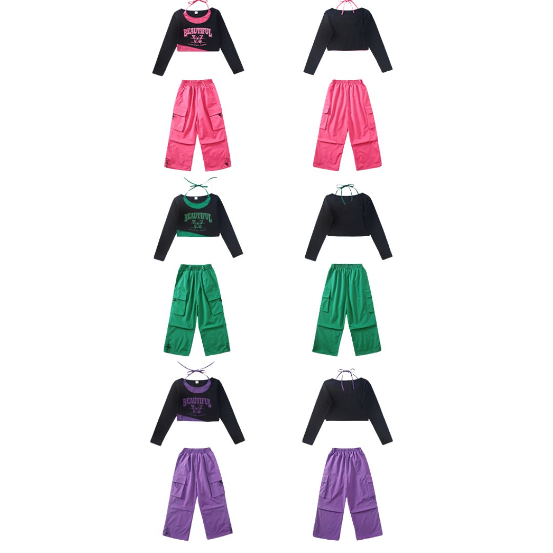 ***พร้อมส่ง**ชุดเต้น เสื้อแขนยาว+กางเกงคาร์โก้ สไตล์แบลคพิงค์