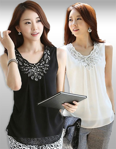 เสื้อแขนกุดแต่งเลื่อมประดับมุกสวยหรู มี 2สี รหัส2224