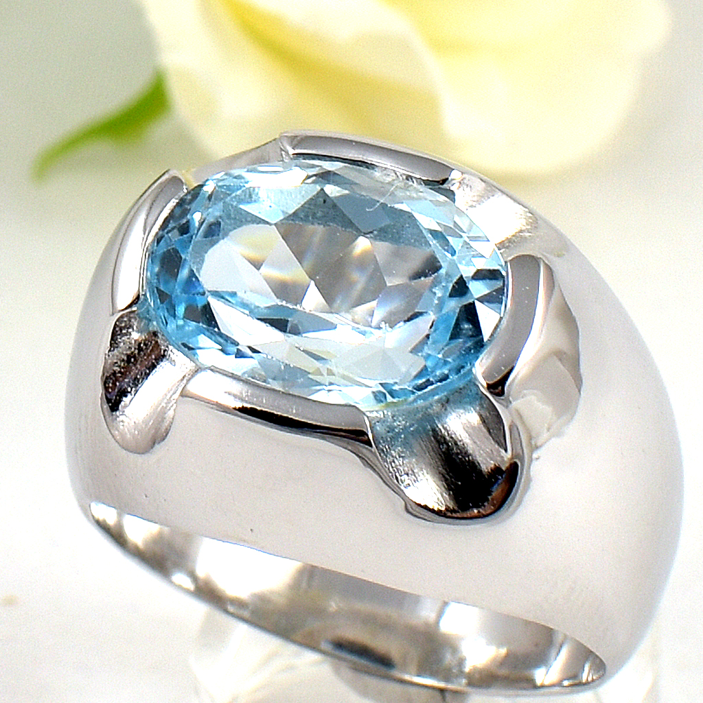 แหวนเงินแท้ราคาถูกชุบทองคำขาว สกายบลูโทปาซแท้ 7.55 กะรัต งานประณีตสวยงาม สั่งผลิตค่ะ