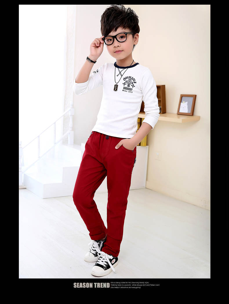 พร้อมส่ง กางเกงขายาว สีแดง กางเกงผ้า ปักลาย ด้านหลัง กางเกงเด็กสีแดง