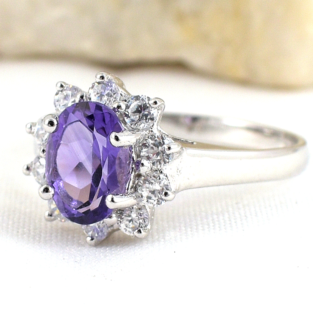 แหวนเงินแท้ราคาถูกชุบทองคำขาว แอมิทิสต์แท้ 1.25 กะรัต เพชรCZ 0.40 กะรัต งานประณีตสวยงาม สั่งผลิตค่ะ