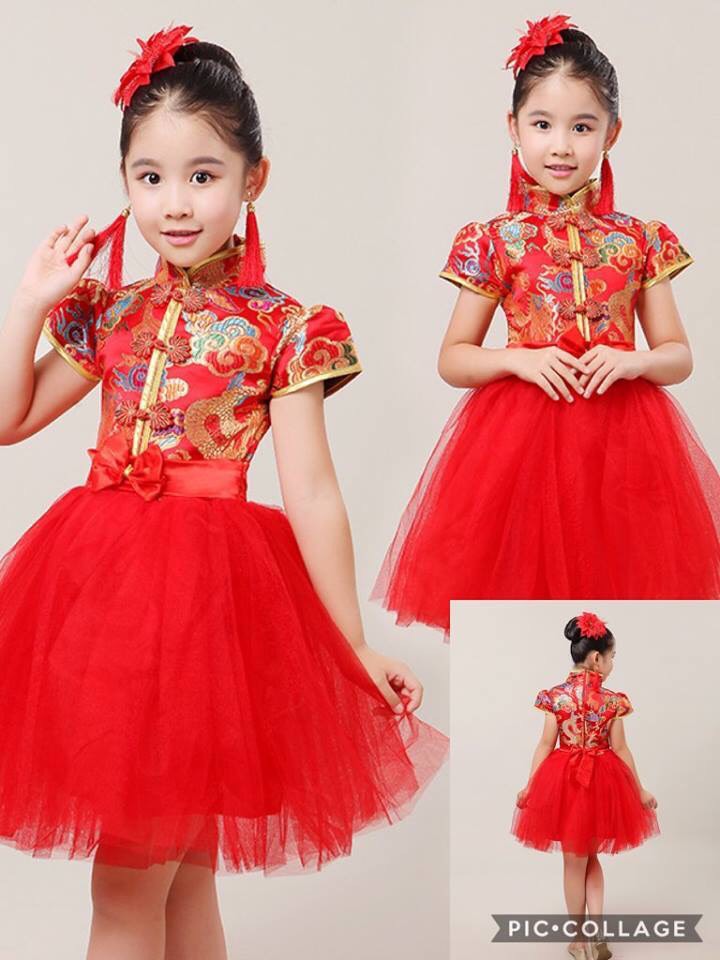 พร้อมส่ง ชุดจีน กี่เพ้า เดรสแขนสั้นแต่งลายมังกร ติดโบวสีแดง