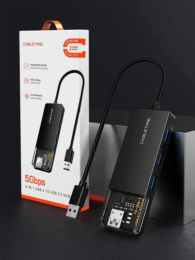 USB-A 3.0 to HUB USB-A 3.0 4Port with Power USB-C port สายยาว 1m by Cabletime