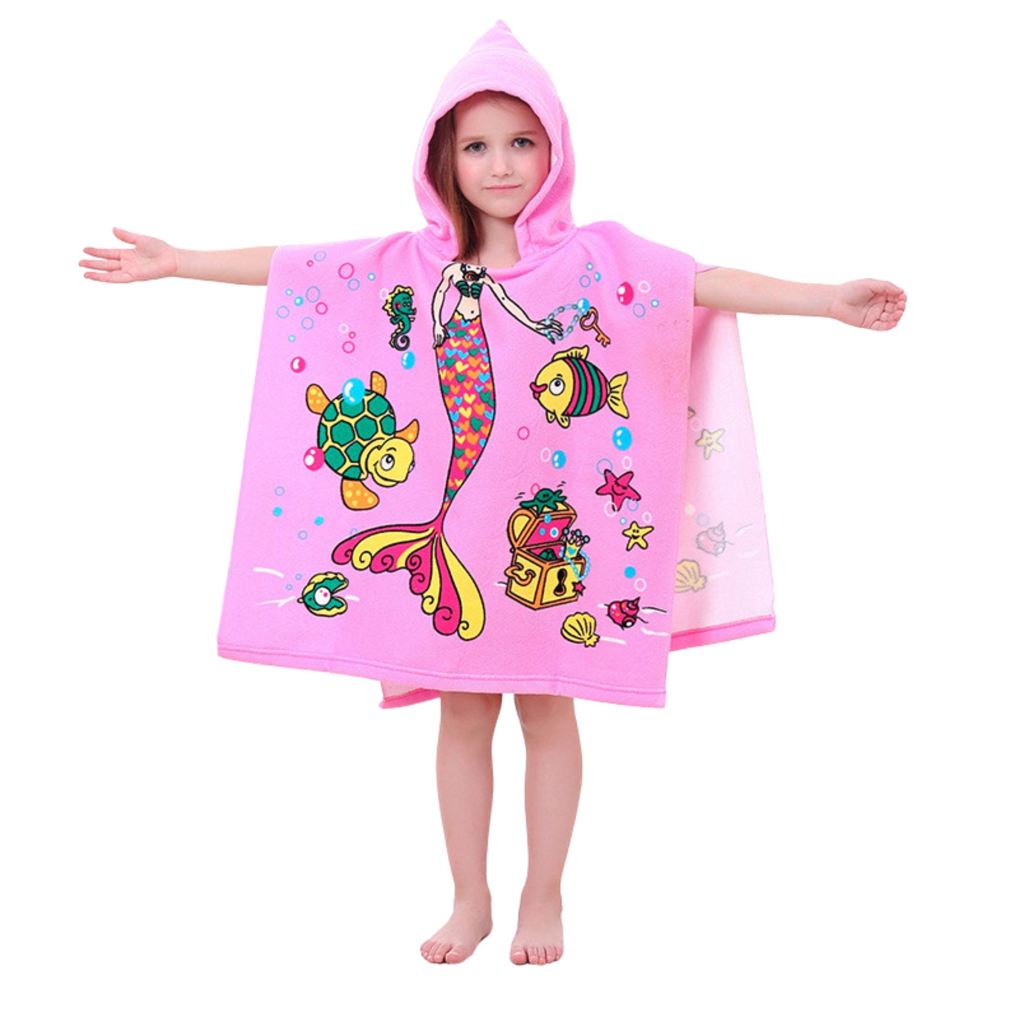 ผ้าคลุมว่ายน้ำ เรียนว่ายน้ำ แบบผ้าขนหนู สวมหัว ลายเด็กหญิง**พร้อมส่ง