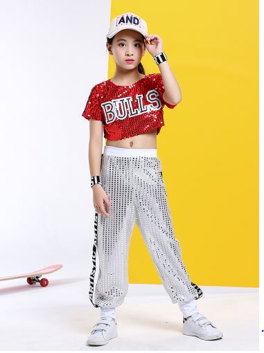 ชุดเต้น ชุดแดนซ์ เซ็ตเสื้อครอป +กางเกงขายาว Ball สลับสี ปักเลื่อม