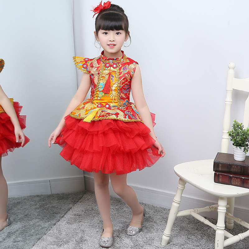 พร้อมส่ง ชุดจีน กี่เพ้า แขนสั้น กระโปรงพองฟู ชุดประกวดจีน