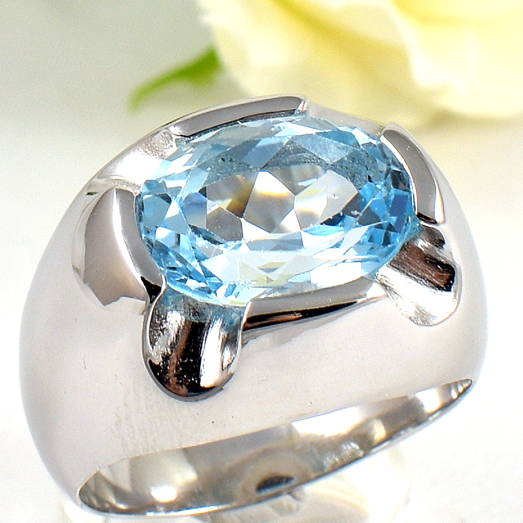 แหวนเงินแท้ราคาถูกชุบทองคำขาว สกายบลูโทปาซแท้ 7.55 กะรัต งานประณีตสวยงาม สั่งผลิตค่ะ