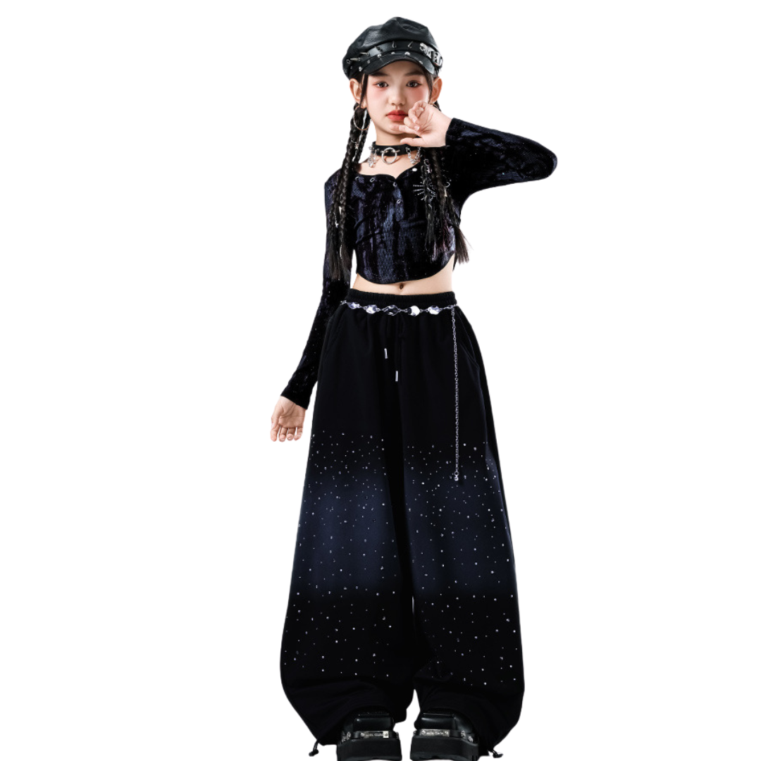Friendly4kidชุดเต้นเด็กหญิง set เสื้อ+กางเกง สีดำสไตล์hiphop