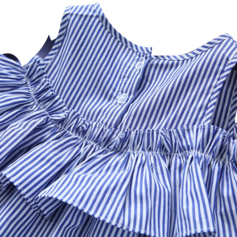 เดรสผ่าไหล่า ลายทาง สีฟ้า