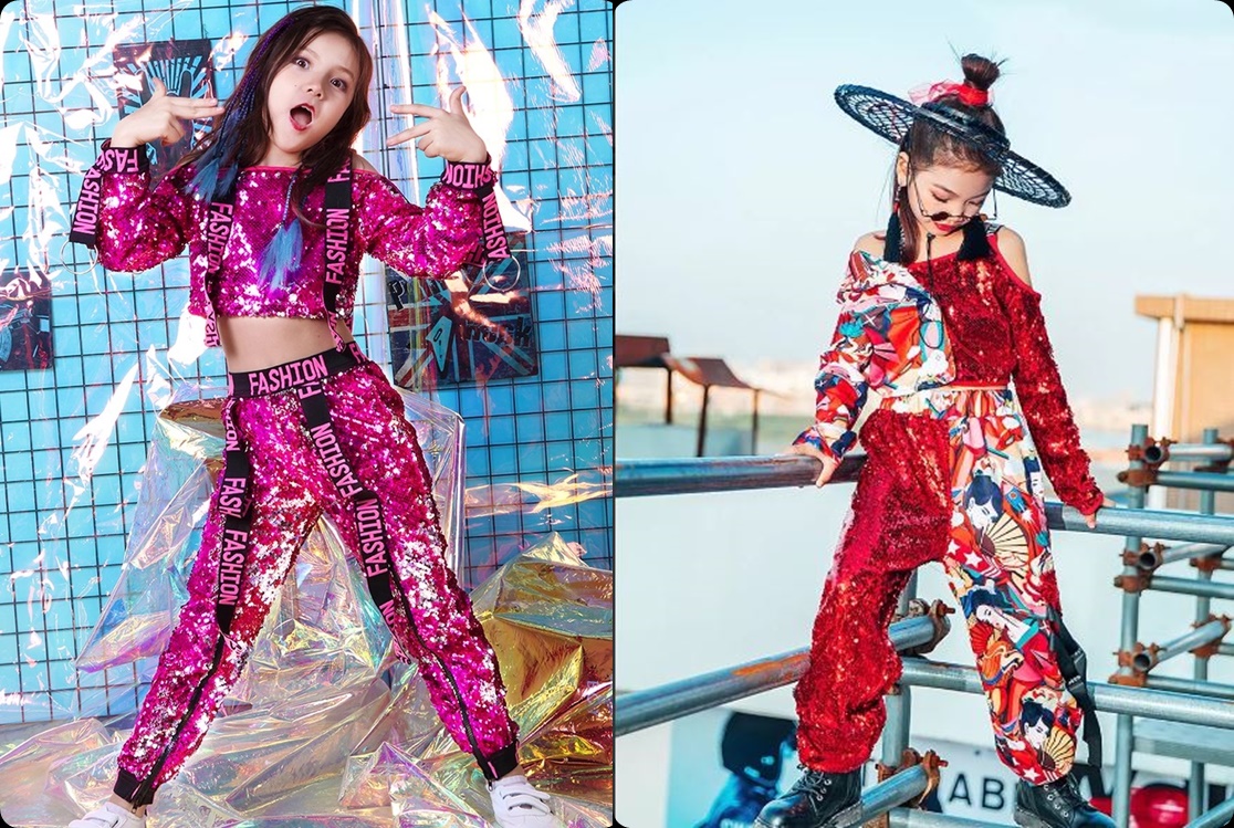 **พร้อมส่ง**ชุดเต้น ชุดฮิปฮอป เสื้อแขนยาว ปักเลื่อม พร้อมกางเกงขาขายาว