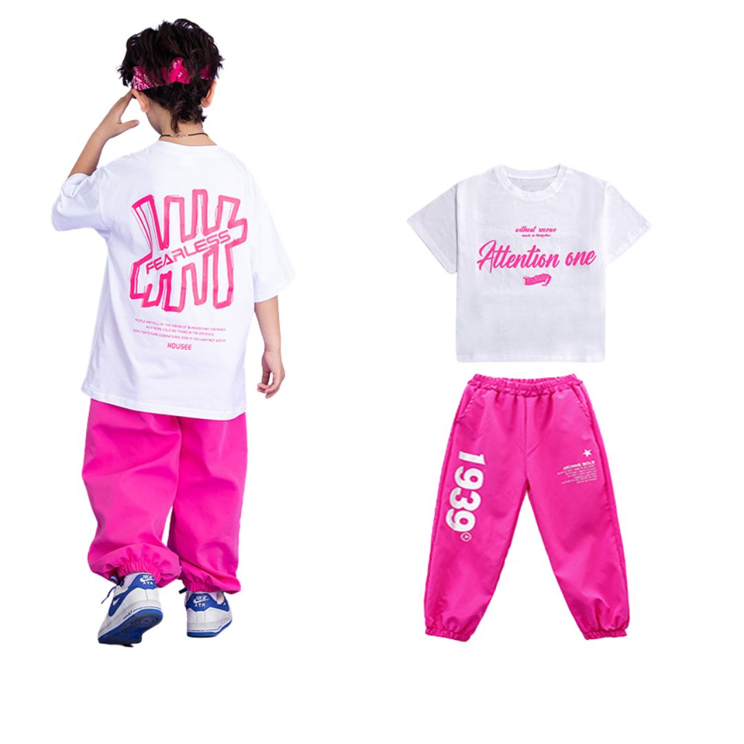 friendly4kid พร้อมส่ง ชุดเต้น ชุดแดนซ์ เสื้อสีขาว+กางเกงขายาว/กระโปรง สีชมพู