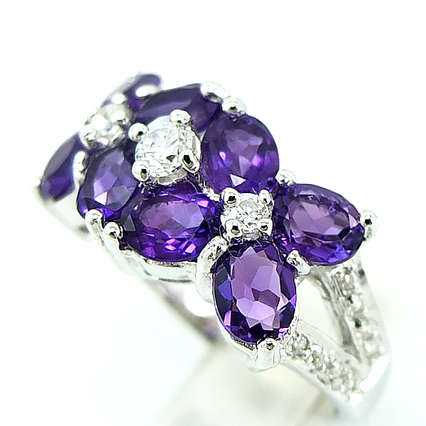 แหวนเงินแท้ราคาถูกชุบทองคำขาว แอมิทิสต์แท้ 3.20 กะรัต เพชรCZ 0.272 กะรัต งานประณีตสวยงาม สั่งผลิตค่ะ