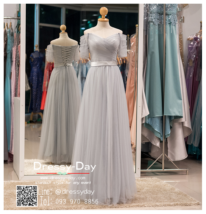 รหัส ชุดราตรี : PF071 ชุดราตรียาวมีแขน ชุดแซก ชุดไปงานแต่งสีเทาเงิน เรียบหรู เหมาะสำหรับงานแต่งงาน งานกลางคืน กาล่าดินเนอร์ ชุดออกงาน
