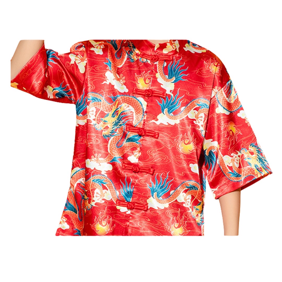 **พร้อมส่ง**ชุดจีน กี่เพ้า ชุดเซ็ตตรุษจีนสีแดง ลายมังกร