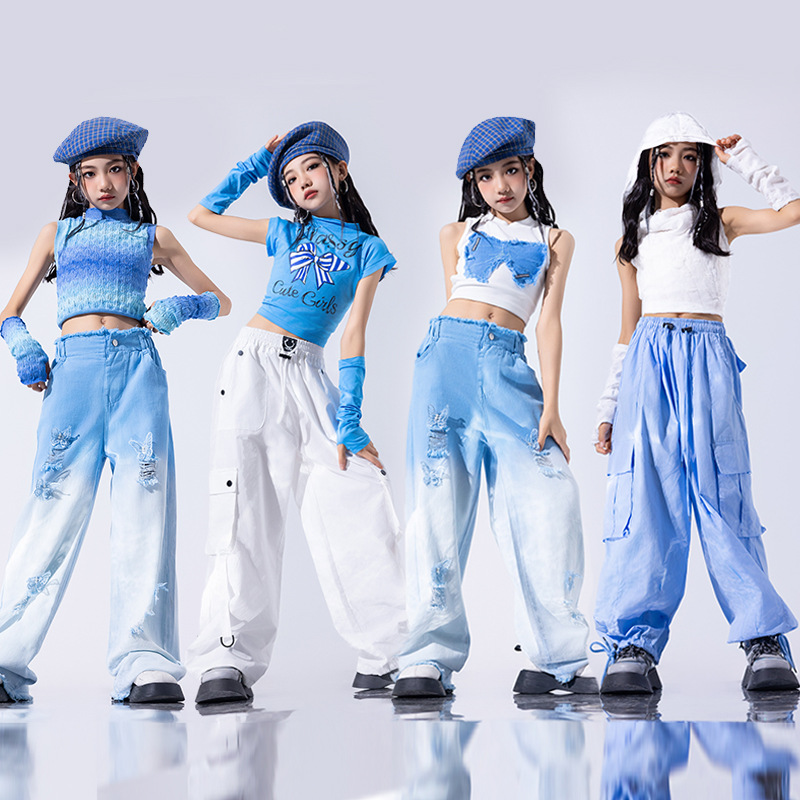 ชุดเต้นเซ็ต ชุดฮิปฮอป สไตล์สีฟ้า เสื้อ/กางเกงขายาว