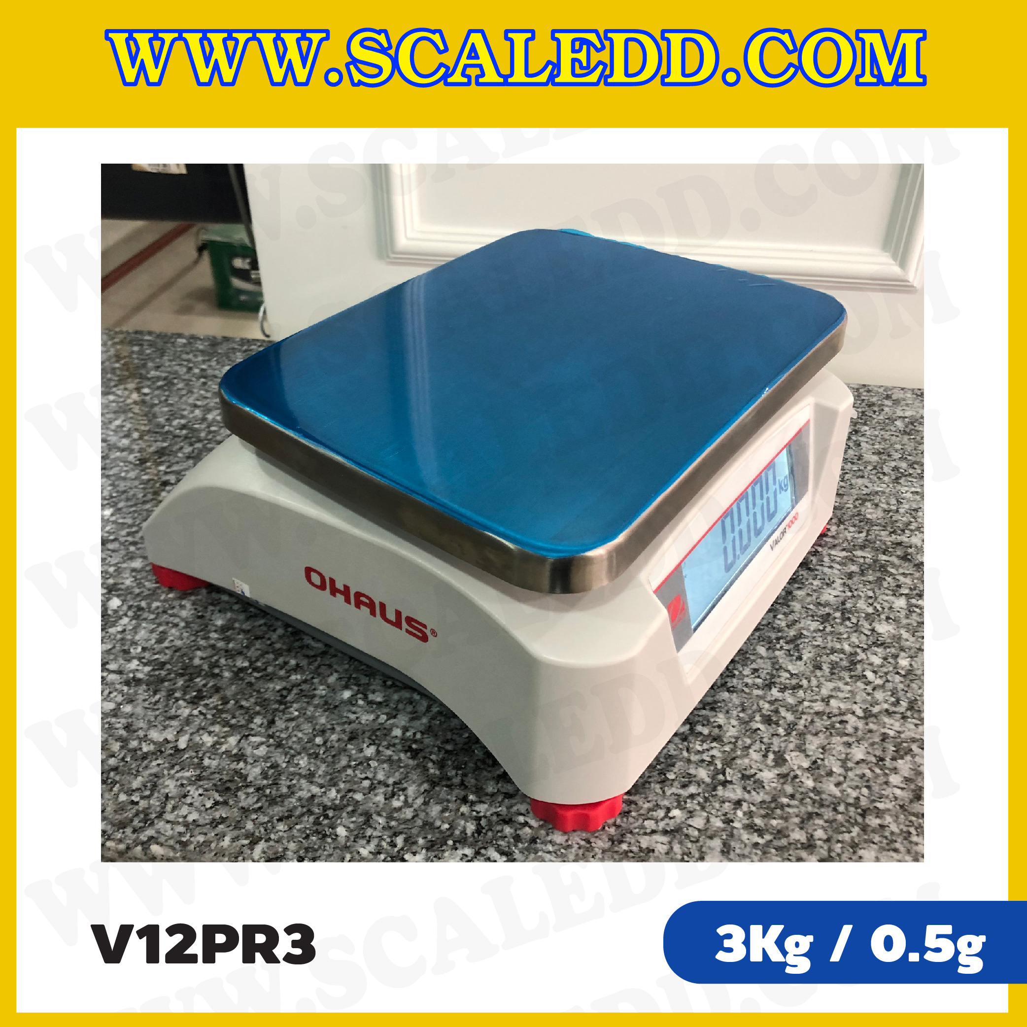 เครื่องชั่งน้ำหนักดิจิตอลตั้งโต๊ะ 2 หน้าจอ พิกัด 3kg ยี่ห้อ OHAUS รุ่น VALOR 1000 (V12PR3) ความละเอียด 0.5g