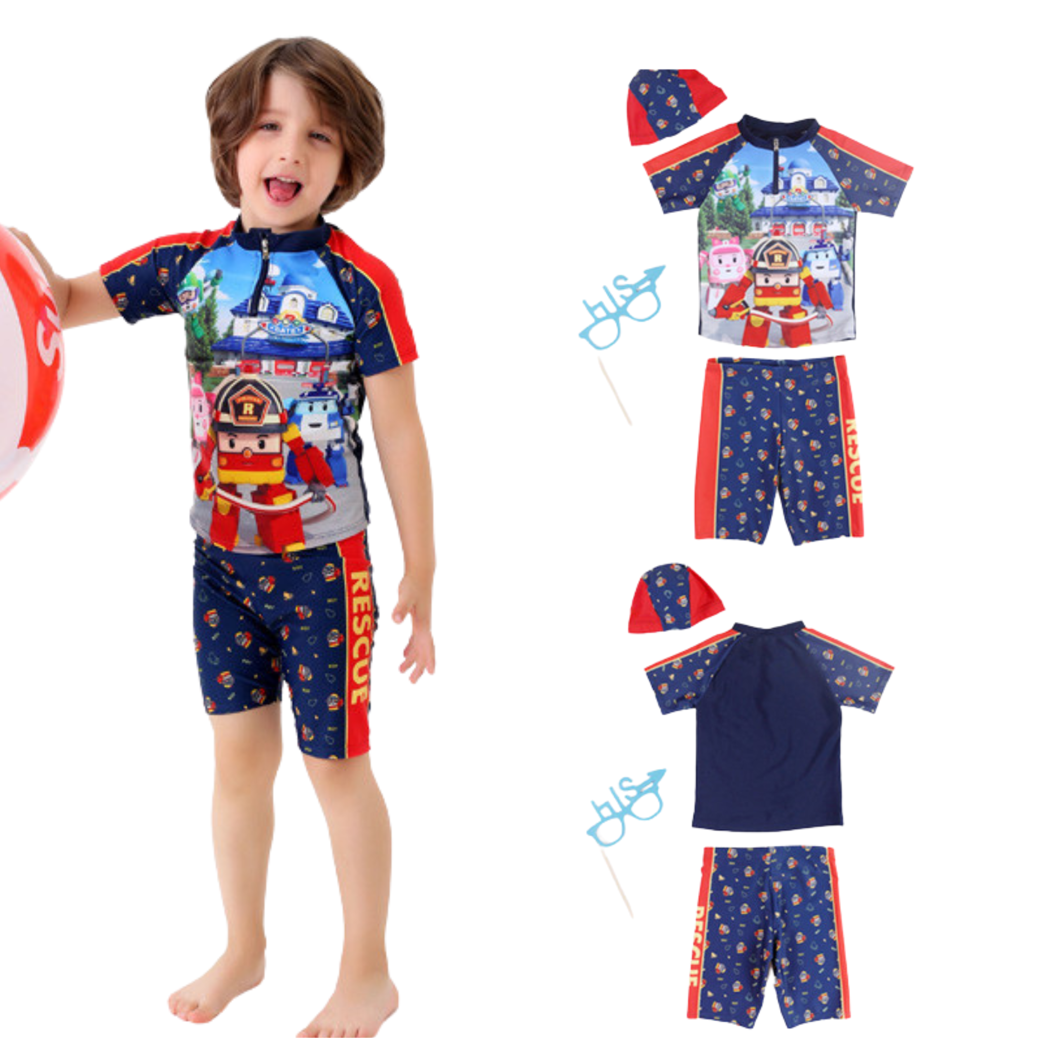 **พร้อมส่ง ชุดว่ายน้ำเด็กชาย บอดี้สูท เซ็ท คาร์สีน้ำเงิน