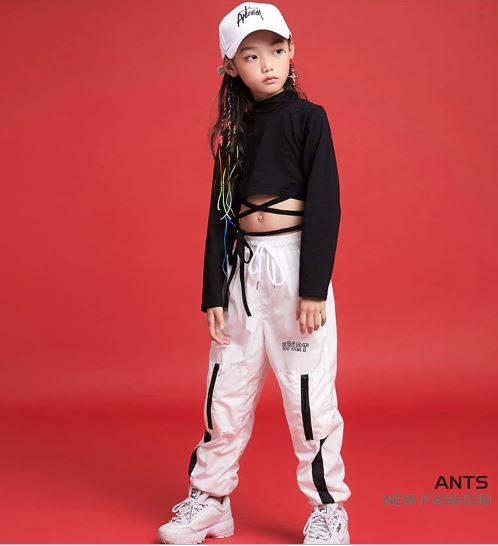 ชุดเต้น ชุดแดนซ์ เสื้อเอวลอยสีดำ+กางเกงขายาวสีขาว