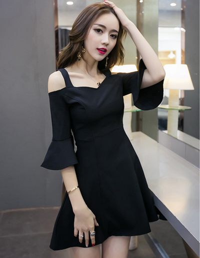 ชุดเดรสแฟชั่นสีดำ แขนสามส่วนระบายสวยหวานน่ารักสไตล์เกาหลี-1525