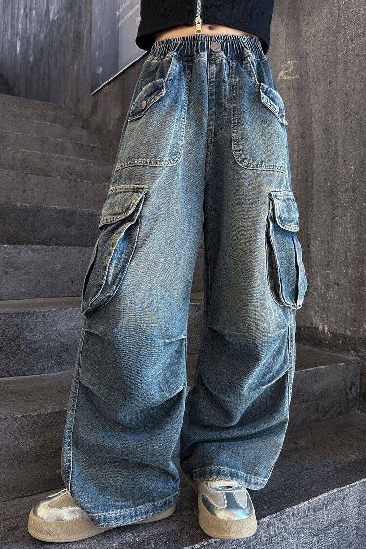 พร้อมส่ง กางเกงยีนส์เด็ก คาร์โก้ แต่งกระเป๋า สไตล์ Y2K