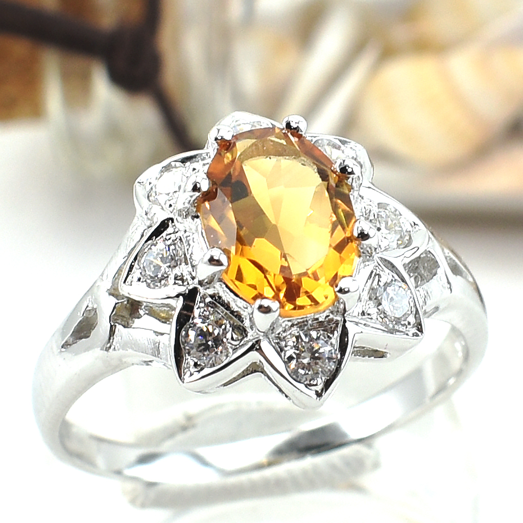 แหวนเงินแท้ราคาถูกชุบทองคำขาว ซิทรินแท้ 1.25 กะรัต เพชรCZ 0.24 กะรัต งานประณีตสวยงาม สั่งผลิตค่ะ