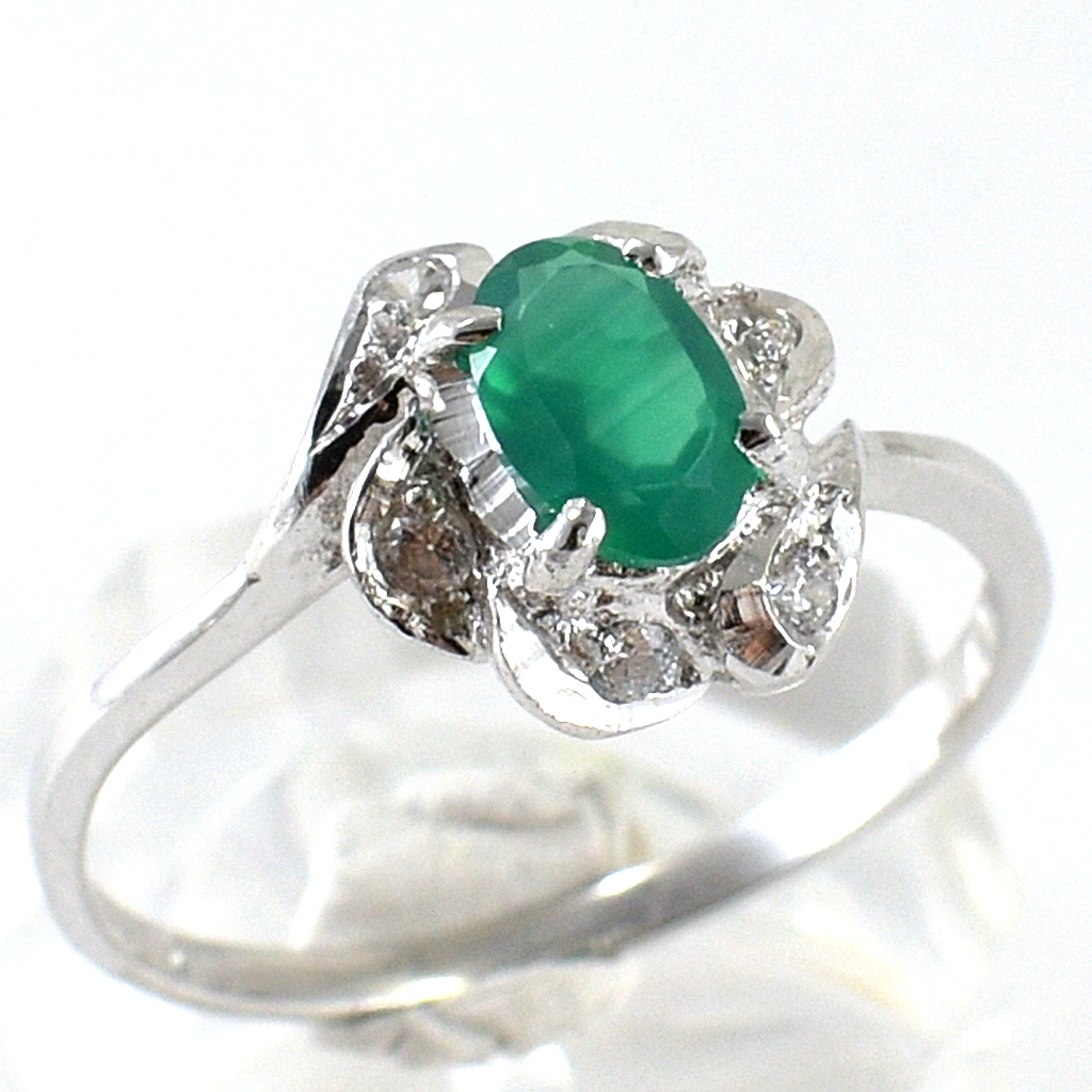 แหวนเงินแท้ราคาถูกชุบทองคำขาว พลอยแท้กรีนอะเกท 0.45 กะรัต เพชรCZ 0.09 กะรัต งานประณีตสวยงาม สั่งผลิตค่ะ