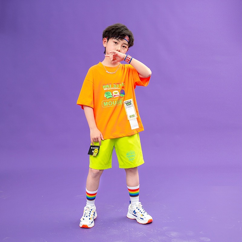 พร้อมส่ง***ชุดเต้น ชุดเชียร์เซ็ตชายหญิง เสื้อแขนสั้นส้ม เหลือง+กระโปรง/กางเกง