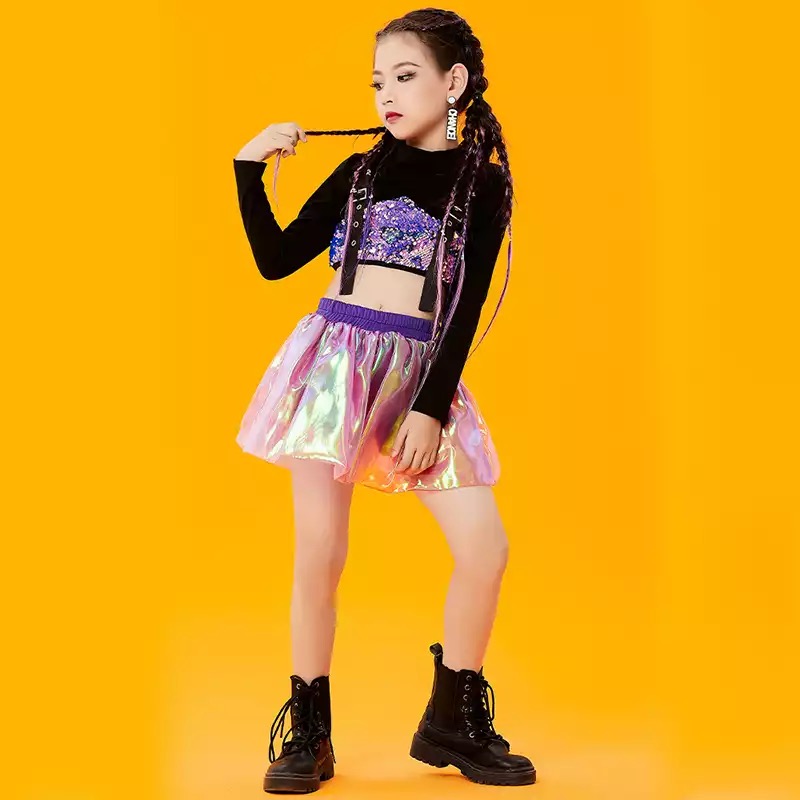 ชุดเต้น ชุดฮิปฮอป เซ็ตสีเสื้อแขนยาวสีขาวปักเลื่อม+กระโปรง สีชมพู