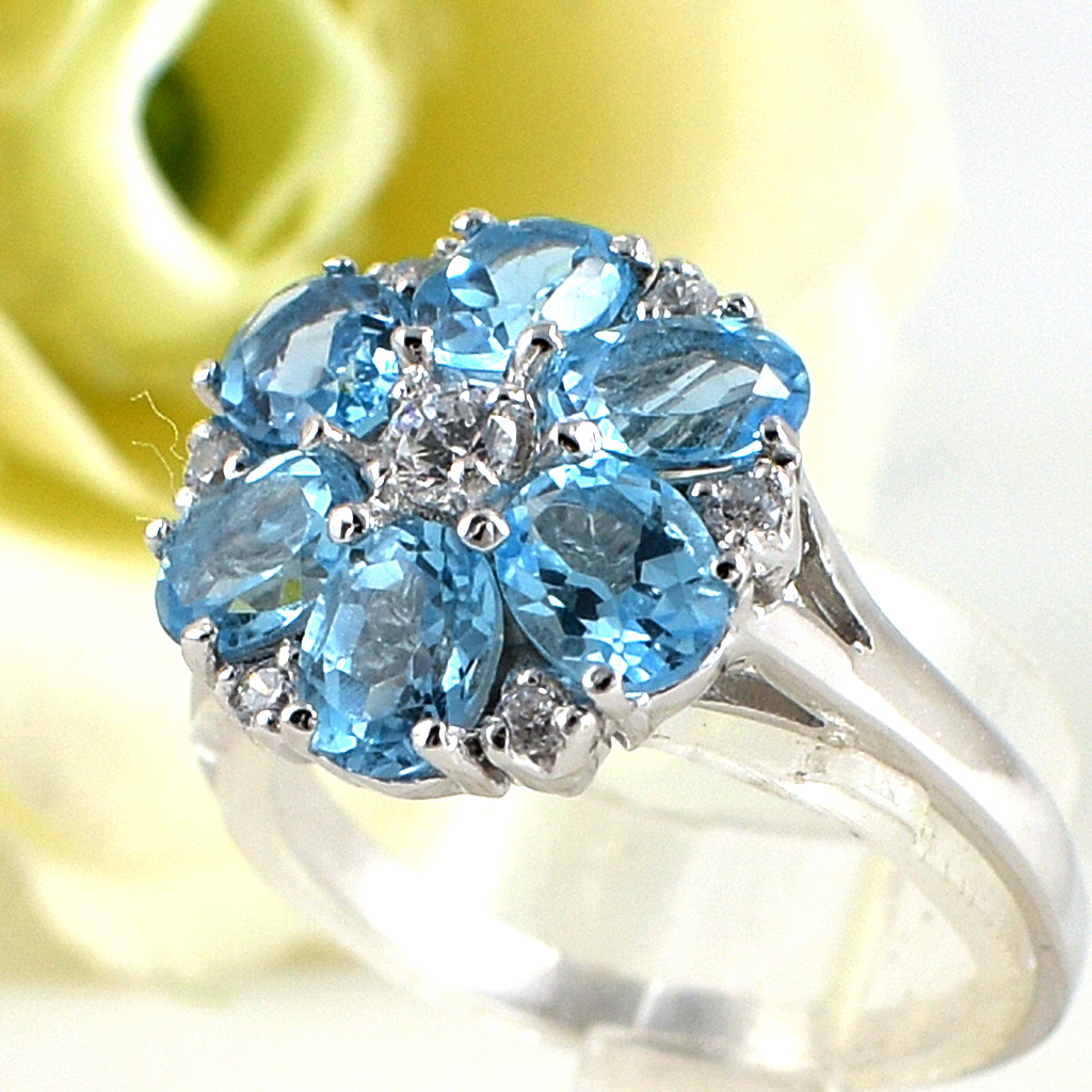 แหวนเงินแท้ราคาถูกชุบทองคำขาว สวิสบลูโทปาซแท้ 2.04 กะรัต เพชรCZ 0.41 กะรัต งานประณีตสวยงาม สั่งผลิตค่ะ